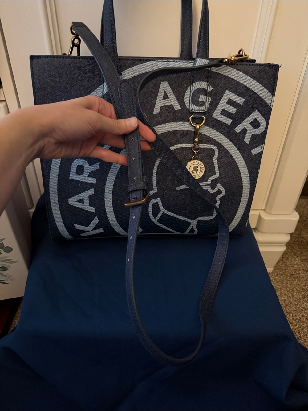 Karl Lagerfeld Navy and Light Blue Logo Tote with Charm - Picture 7 of 15
